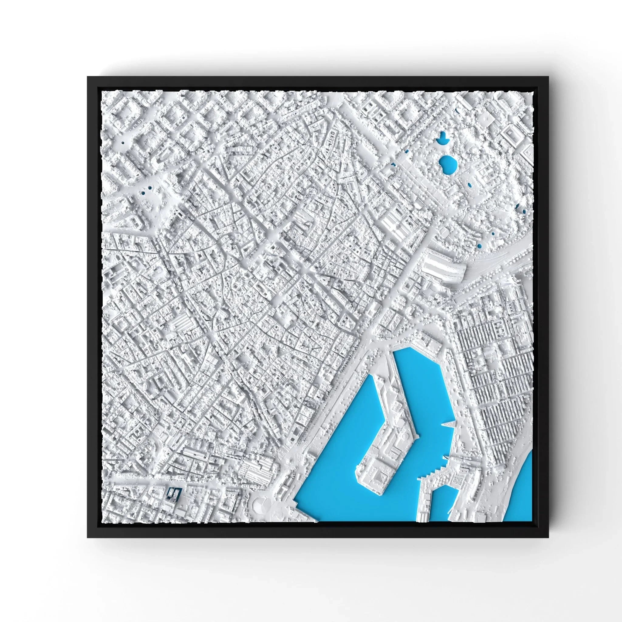 3D gedrucktes Stadtmodell Barcelona eingerahmt für deine Wand - CraftedCity