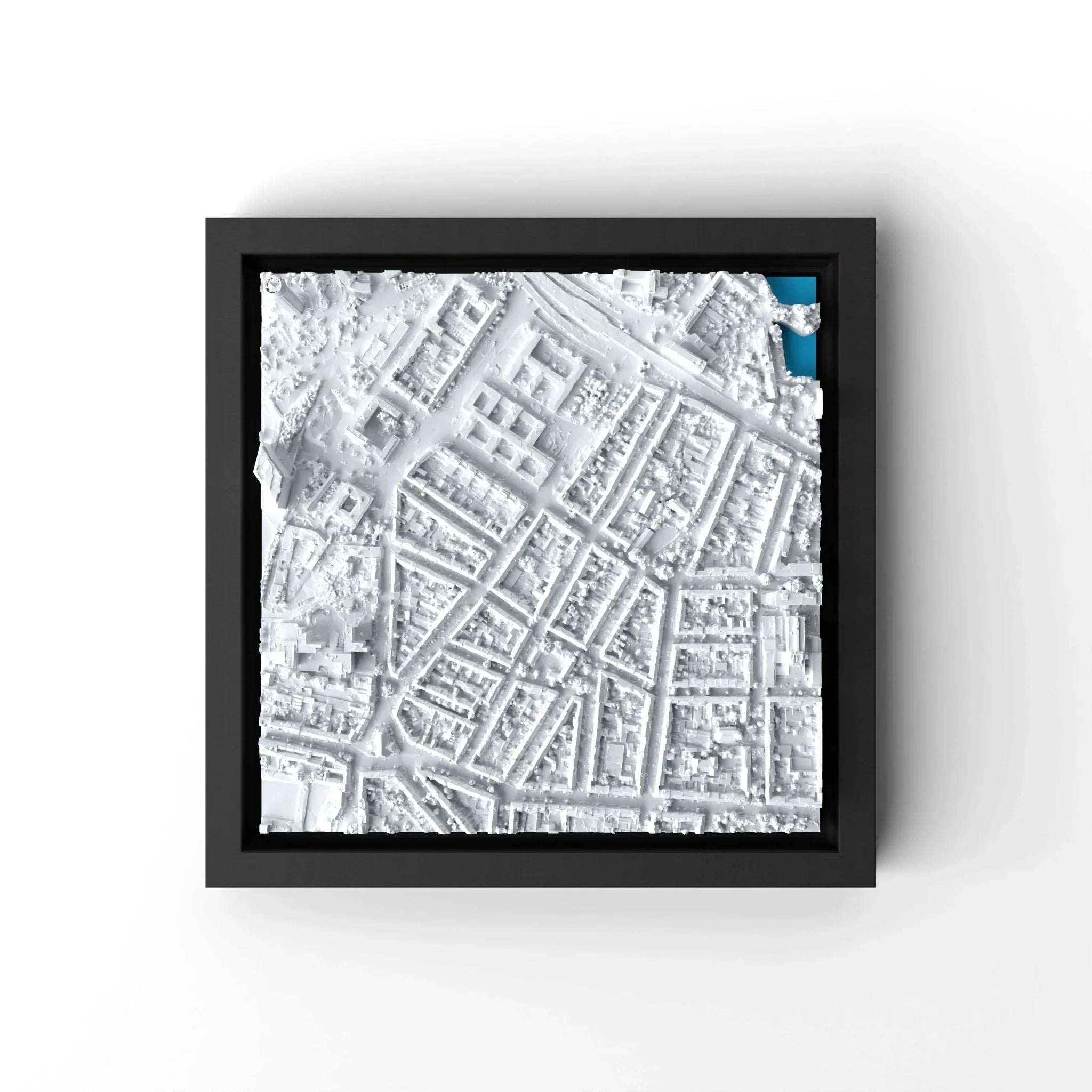 3D gedrucktes Stadtmodell Düsseldorf eingerahmt für deine Wand - CraftedCity