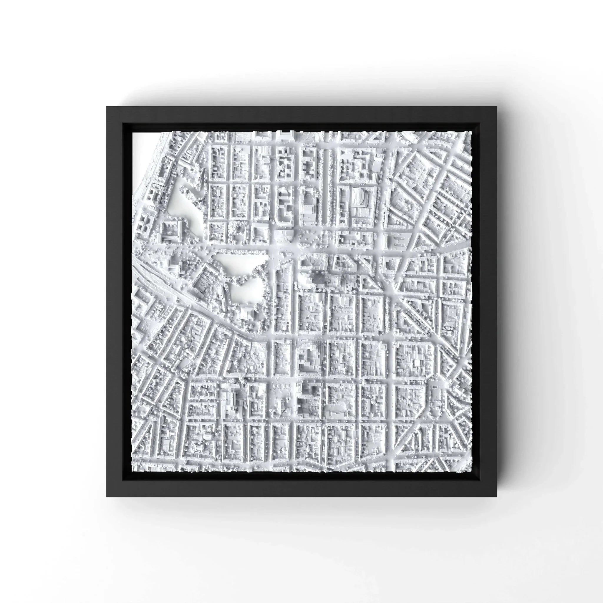 3D gedrucktes Stadtmodell Düsseldorf eingerahmt für deine Wand - CraftedCity