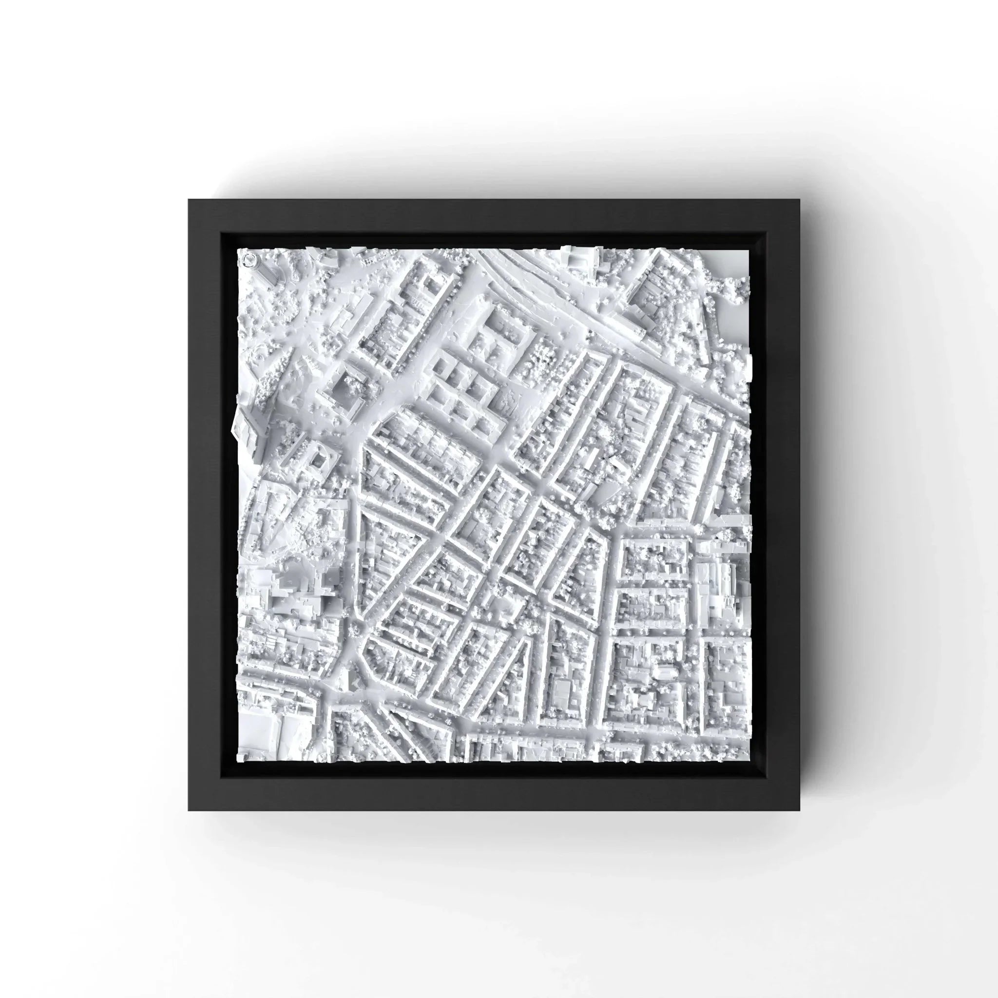 3D gedrucktes Stadtmodell Düsseldorf eingerahmt für deine Wand - CraftedCity