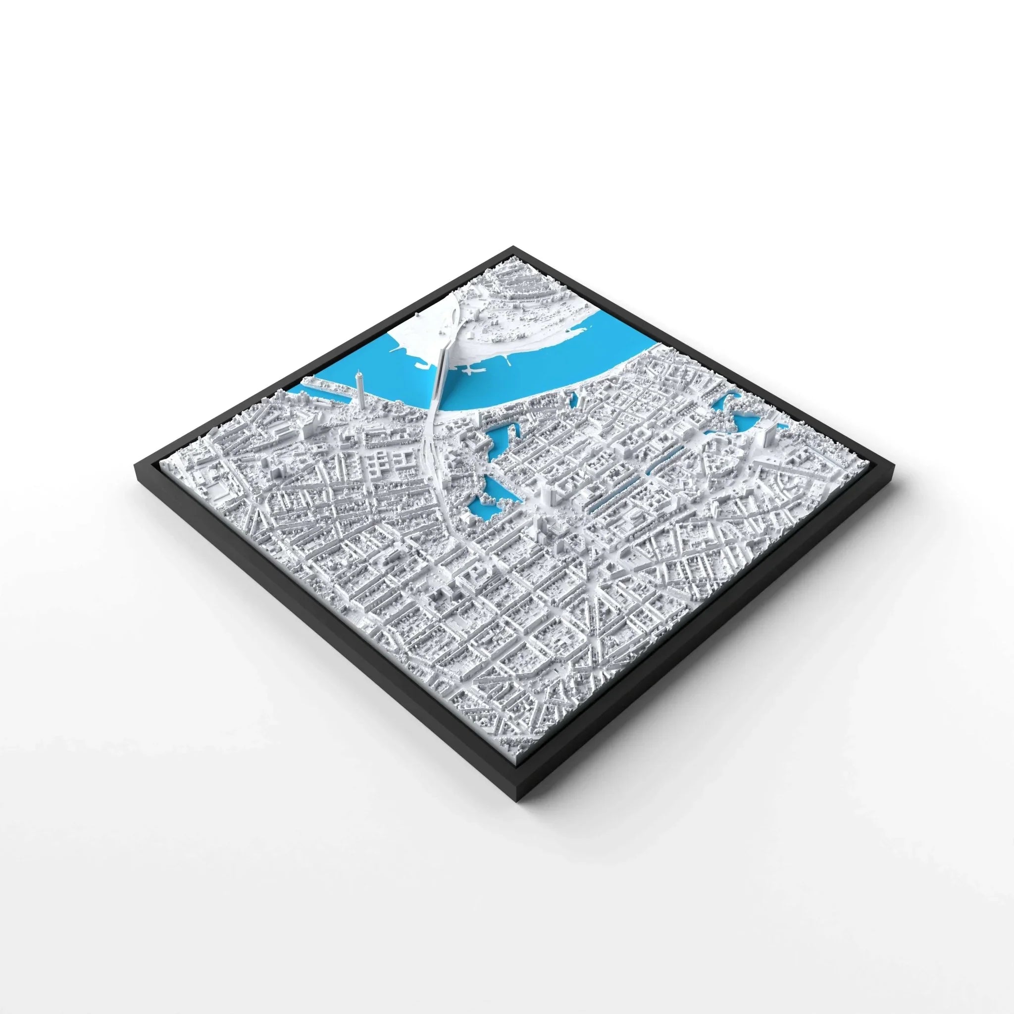 3D gedrucktes Stadtmodell Düsseldorf eingerahmt für deine Wand - CraftedCity