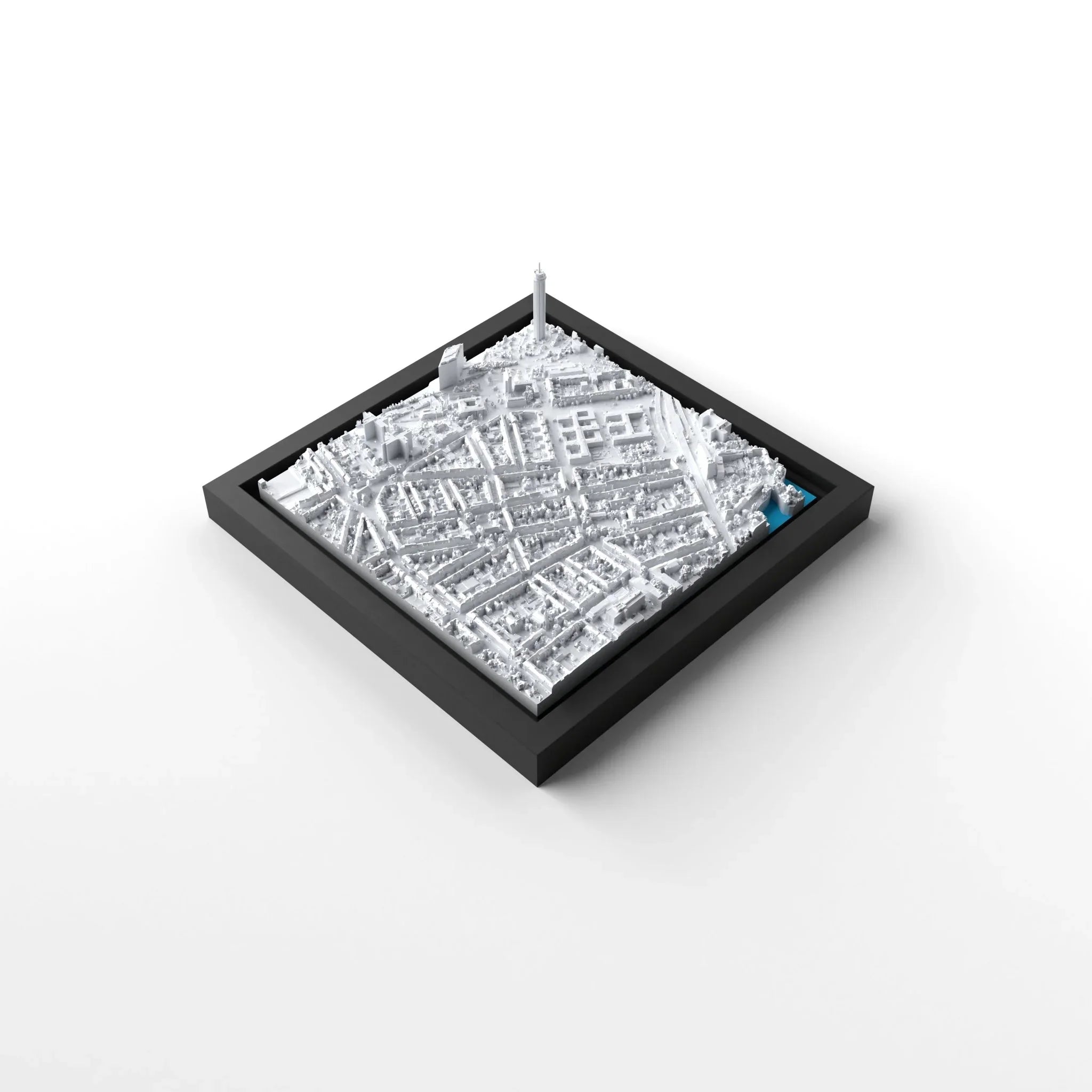 3D gedrucktes Stadtmodell Düsseldorf eingerahmt für deine Wand - CraftedCity