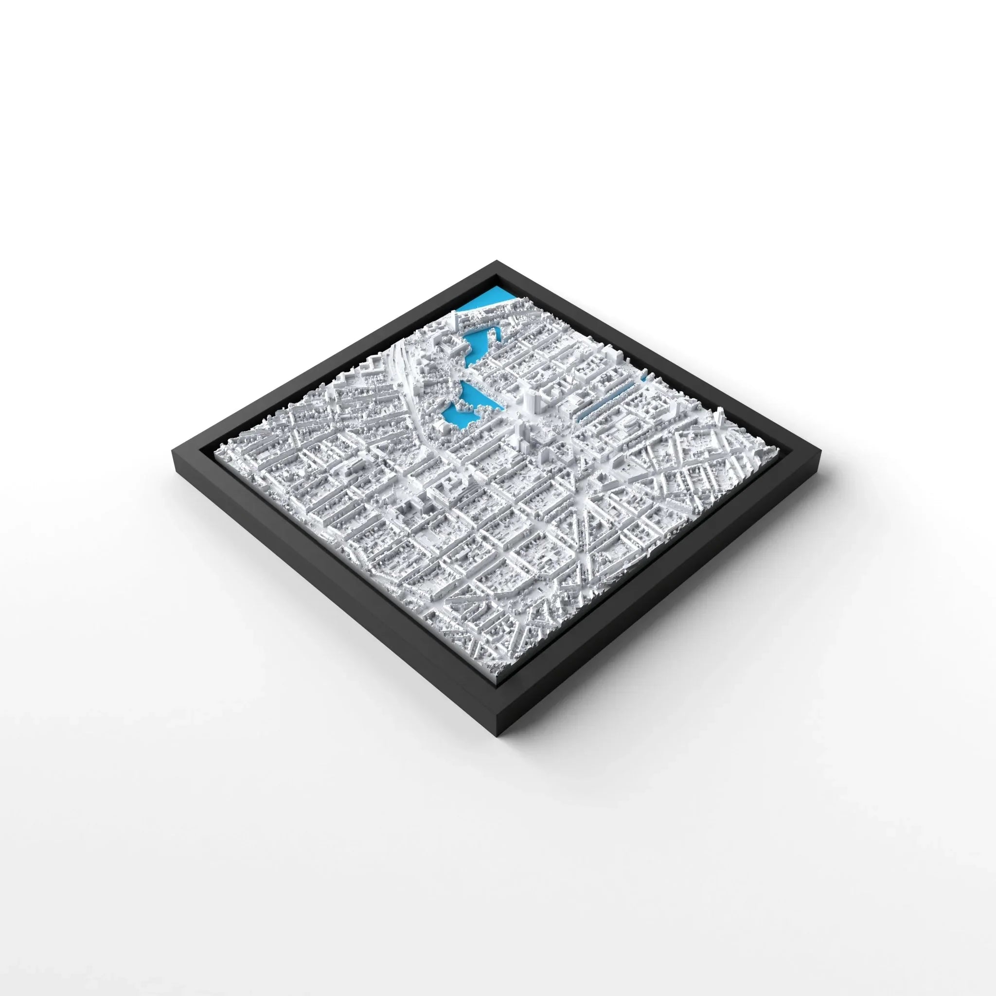 3D gedrucktes Stadtmodell Düsseldorf eingerahmt für deine Wand - CraftedCity