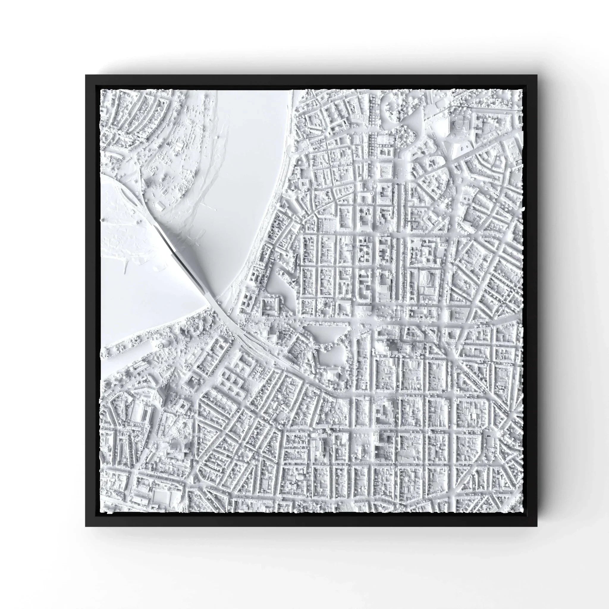 3D gedrucktes Stadtmodell Düsseldorf eingerahmt für deine Wand - CraftedCity