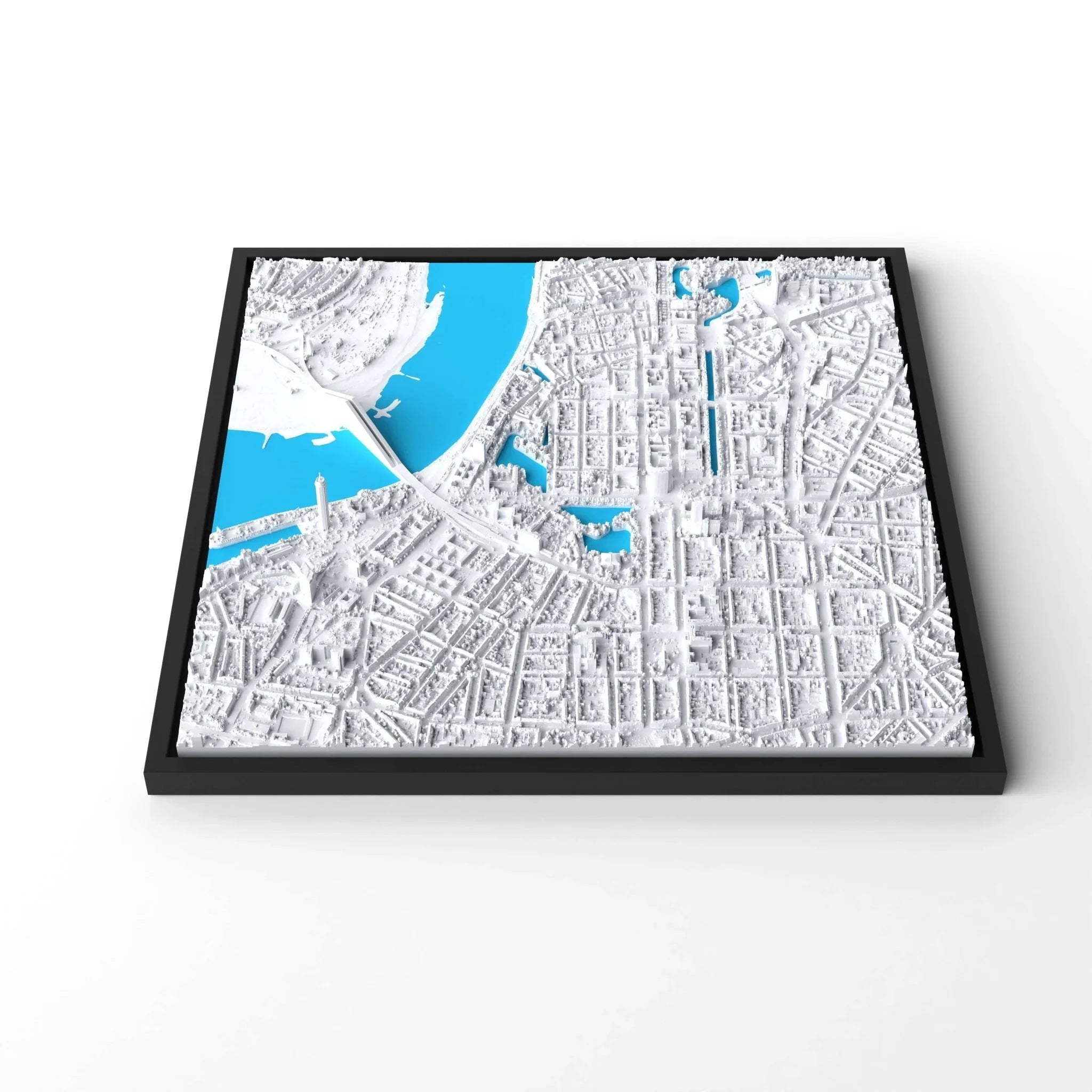 3D gedrucktes Stadtmodell Düsseldorf eingerahmt für deine Wand - CraftedCity