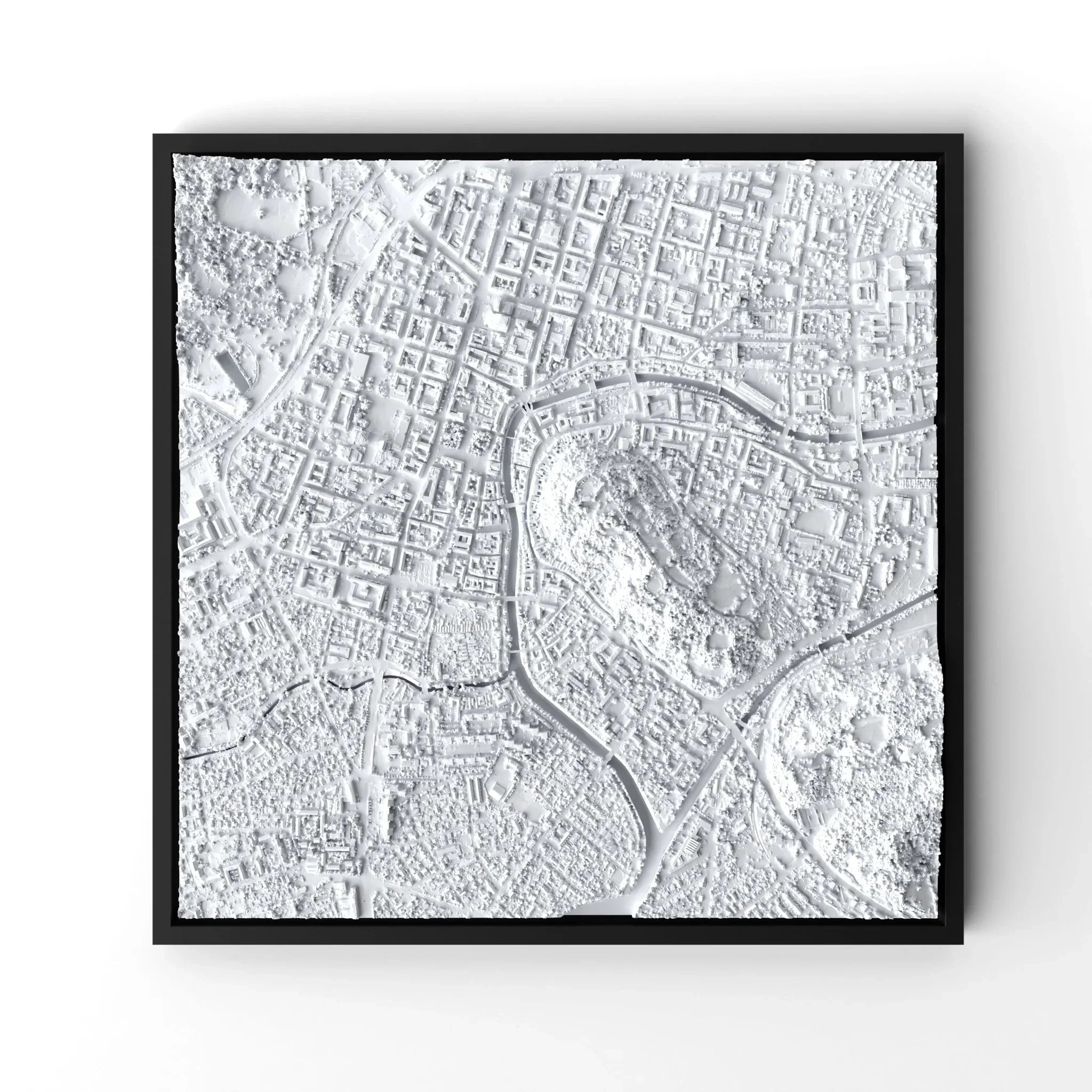 3D gedrucktes Stadtmodell Ljubljana eingerahmt für deine Wand - CraftedCity