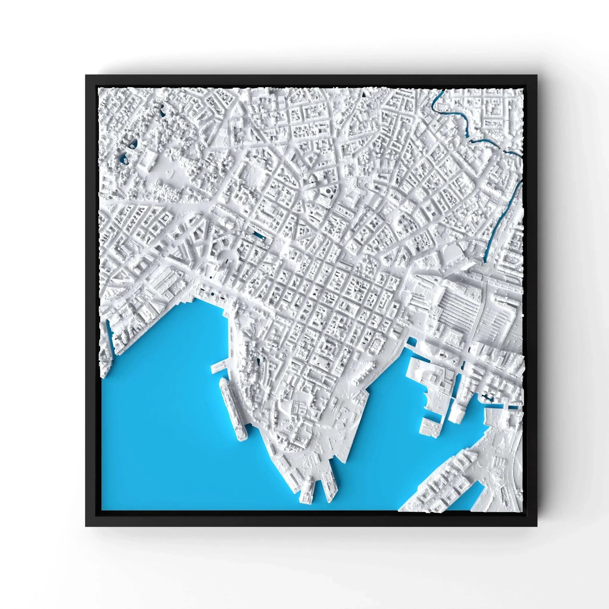 3D gedrucktes Stadtmodell Oslo eingerahmt für deine Wand - CraftedCity