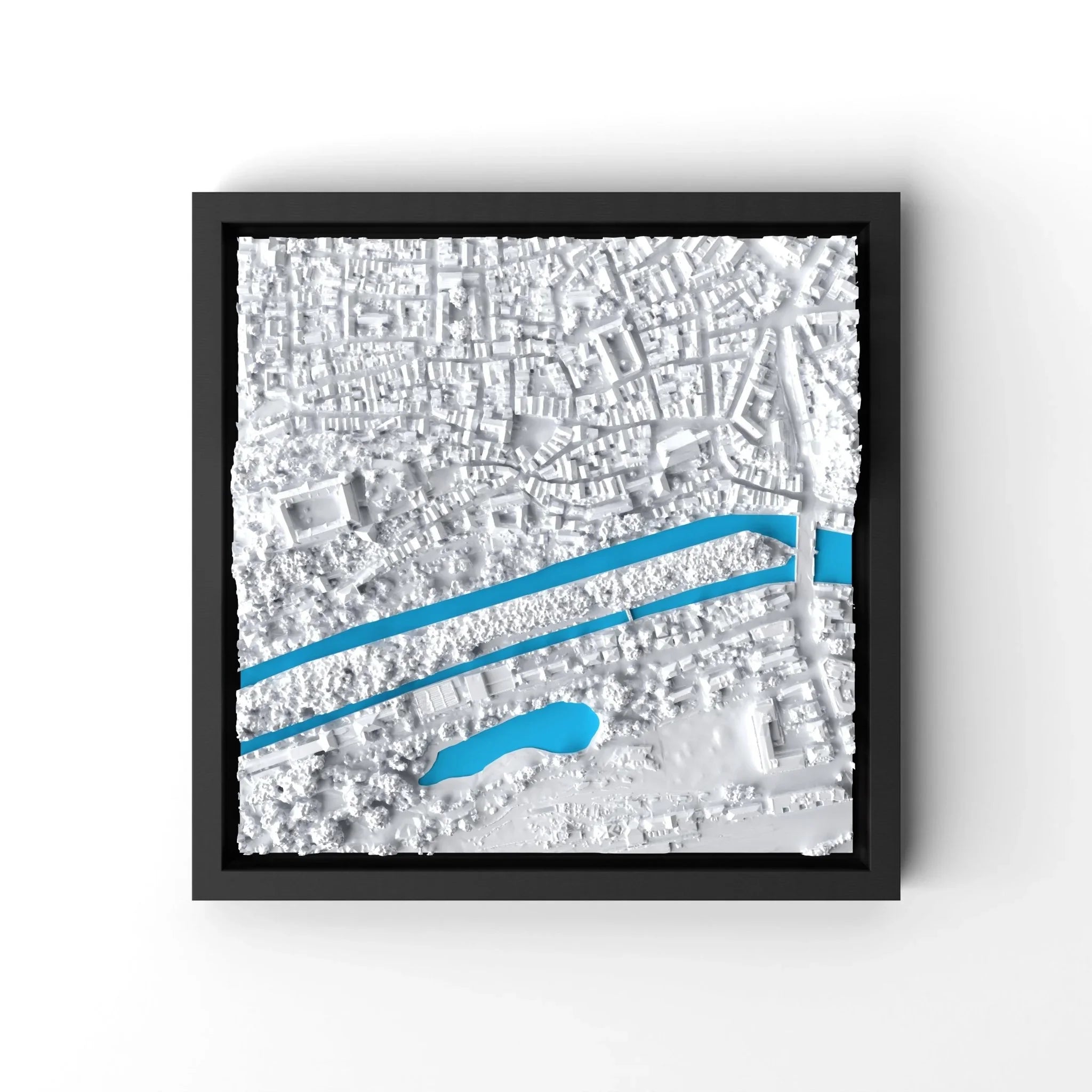 3D gedrucktes Stadtmodell Tübingen eingerahmt für deine Wand - CraftedCity