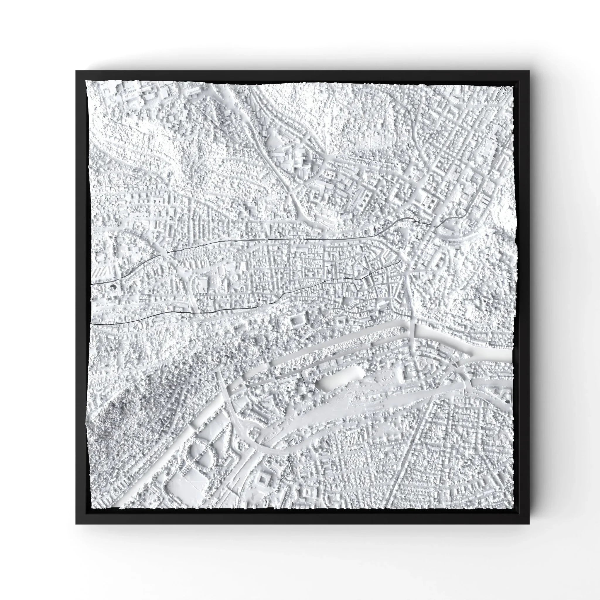 3D gedrucktes Stadtmodell Tübingen eingerahmt für deine Wand - CraftedCity