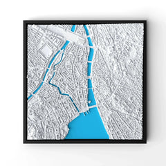 3D gedrucktes Stadtmodell Zürich eingerahmt für deine Wand - CraftedCity
