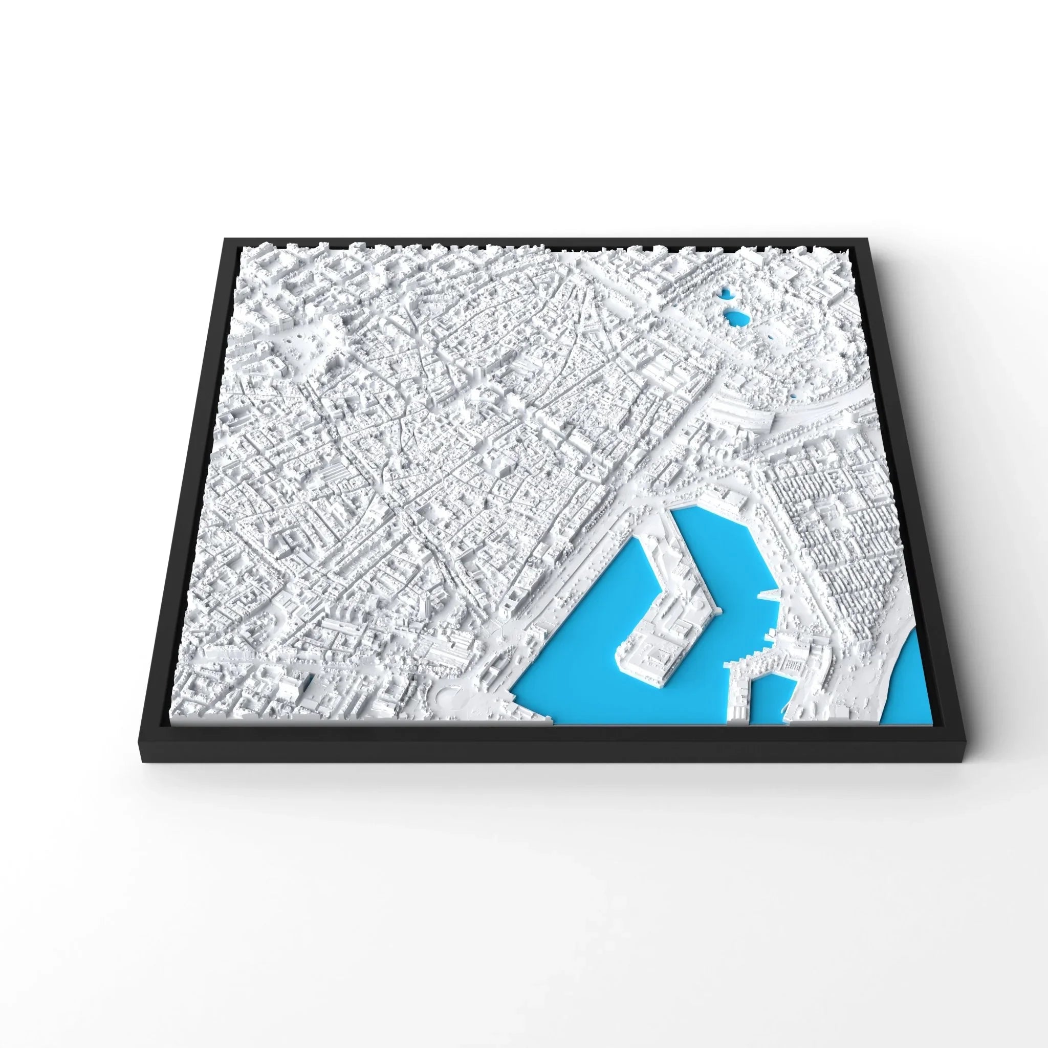 3D gedrucktes Stadtmodell Barcelona eingerahmt für deine Wand - CraftedCity