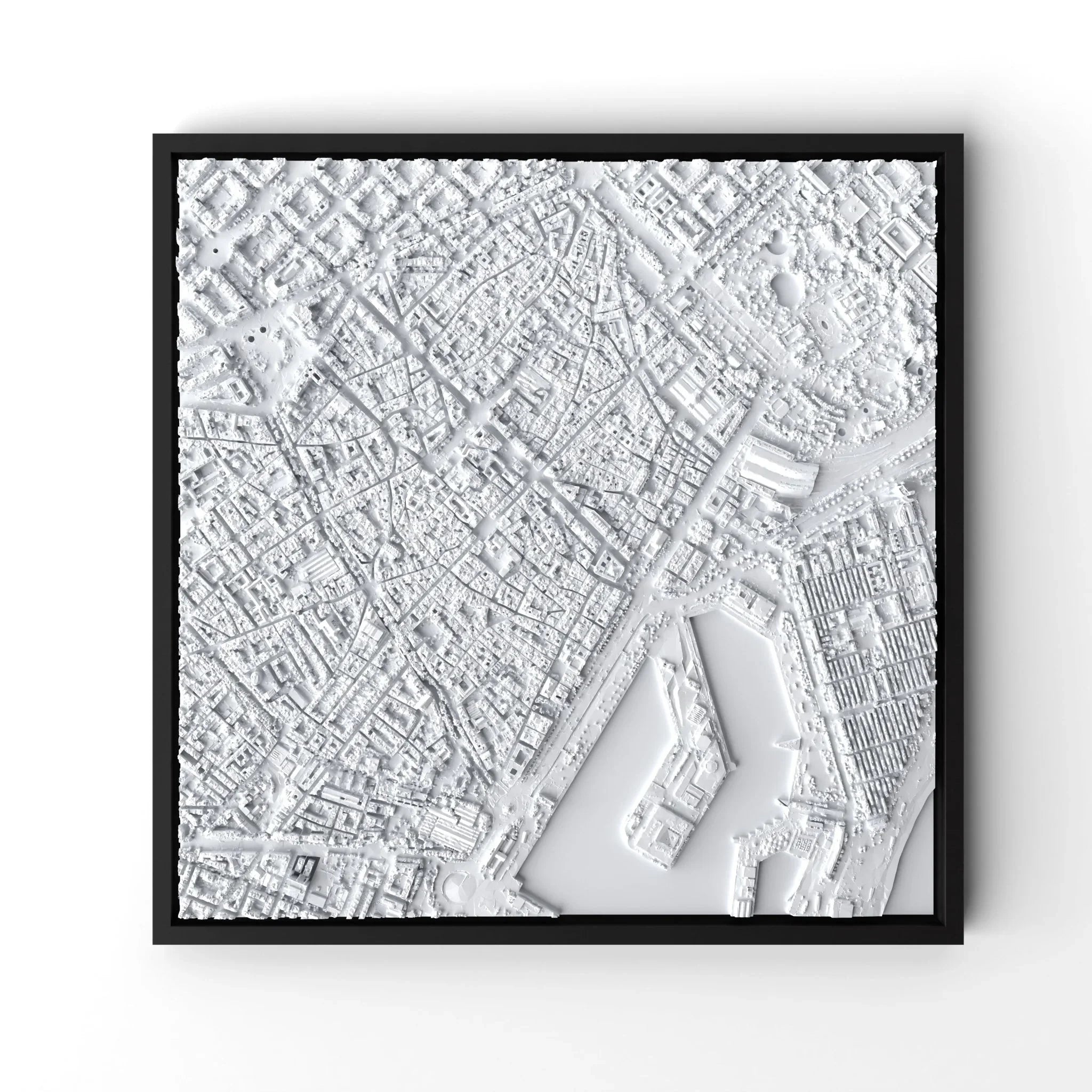3D gedrucktes Stadtmodell Barcelona eingerahmt für deine Wand - CraftedCity