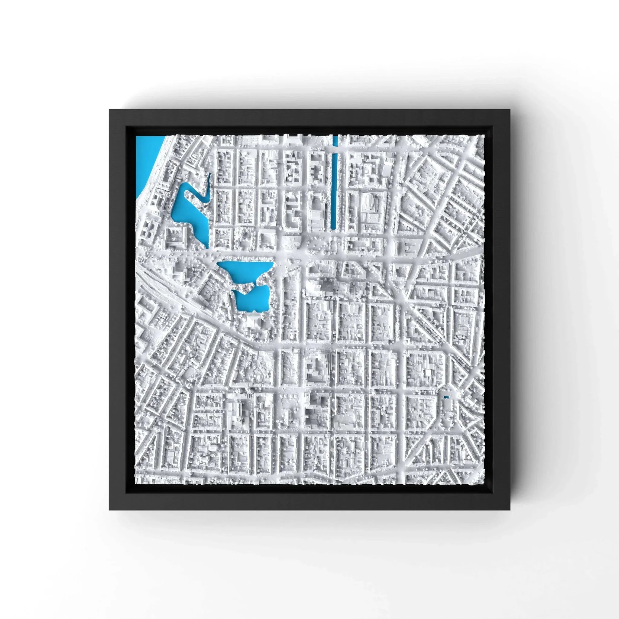 3D gedrucktes Stadtmodell Düsseldorf eingerahmt für deine Wand - CraftedCity