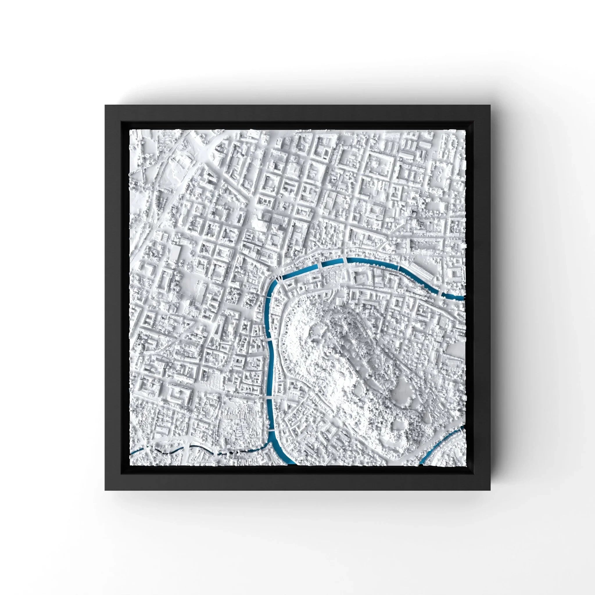 3D gedrucktes Stadtmodell Ljubljana eingerahmt für deine Wand - CraftedCity