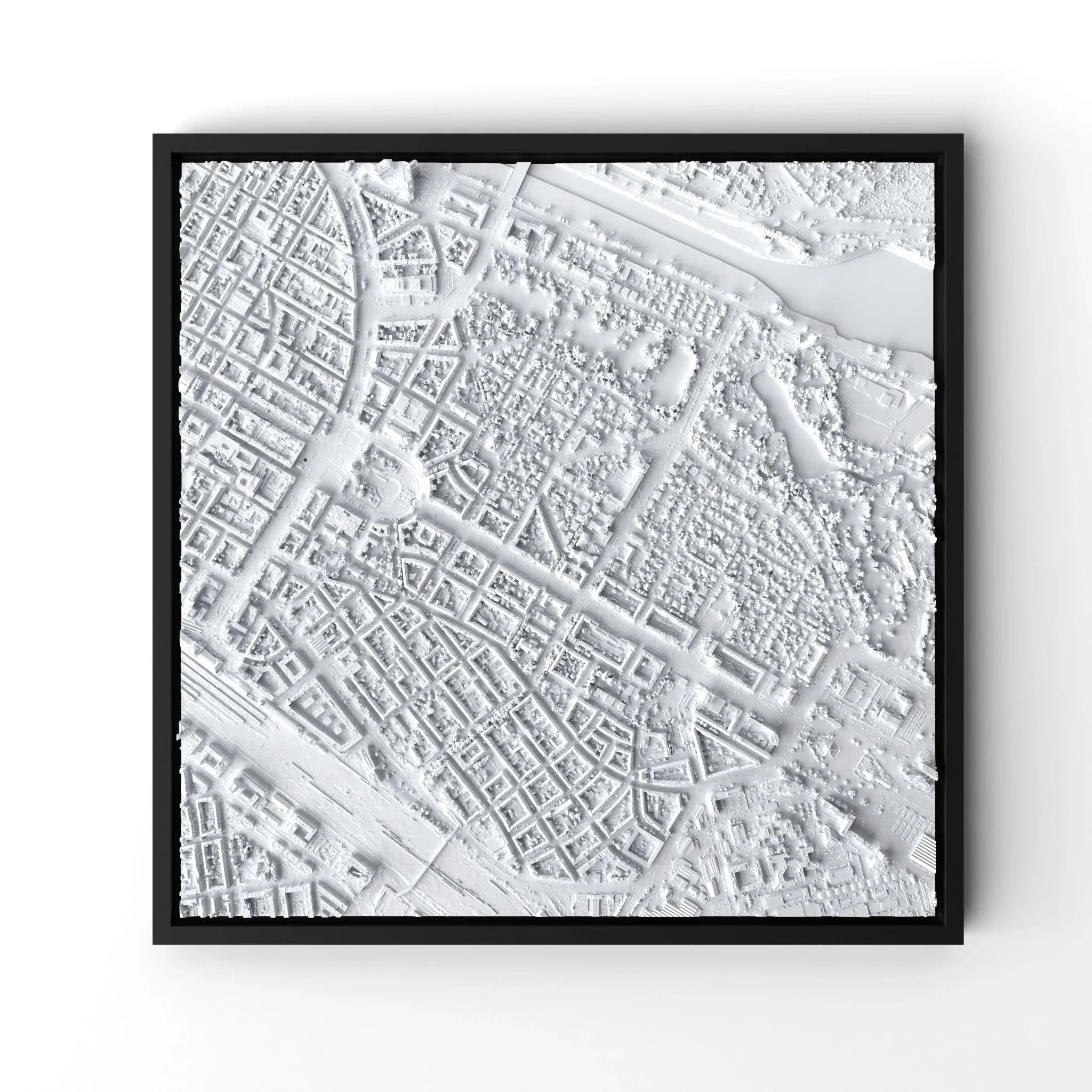 3D gedrucktes Stadtmodell Mannheim eingerahmt für deine Wand - CraftedCity