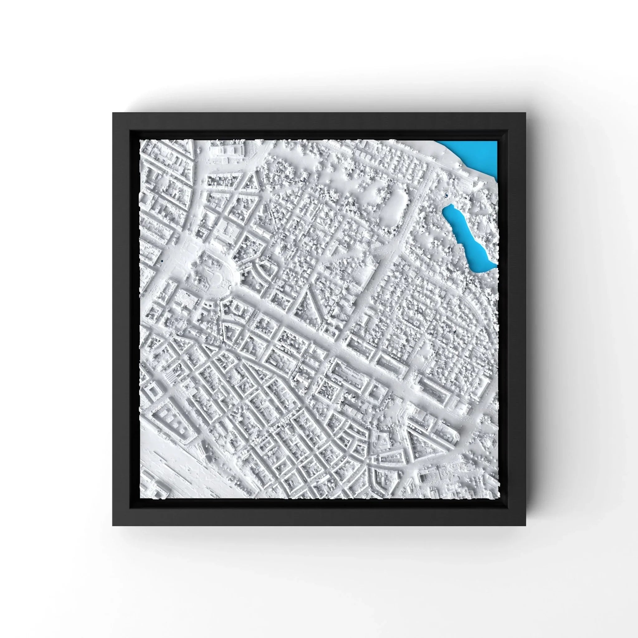 3D gedrucktes Stadtmodell Mannheim eingerahmt für deine Wand - CraftedCity