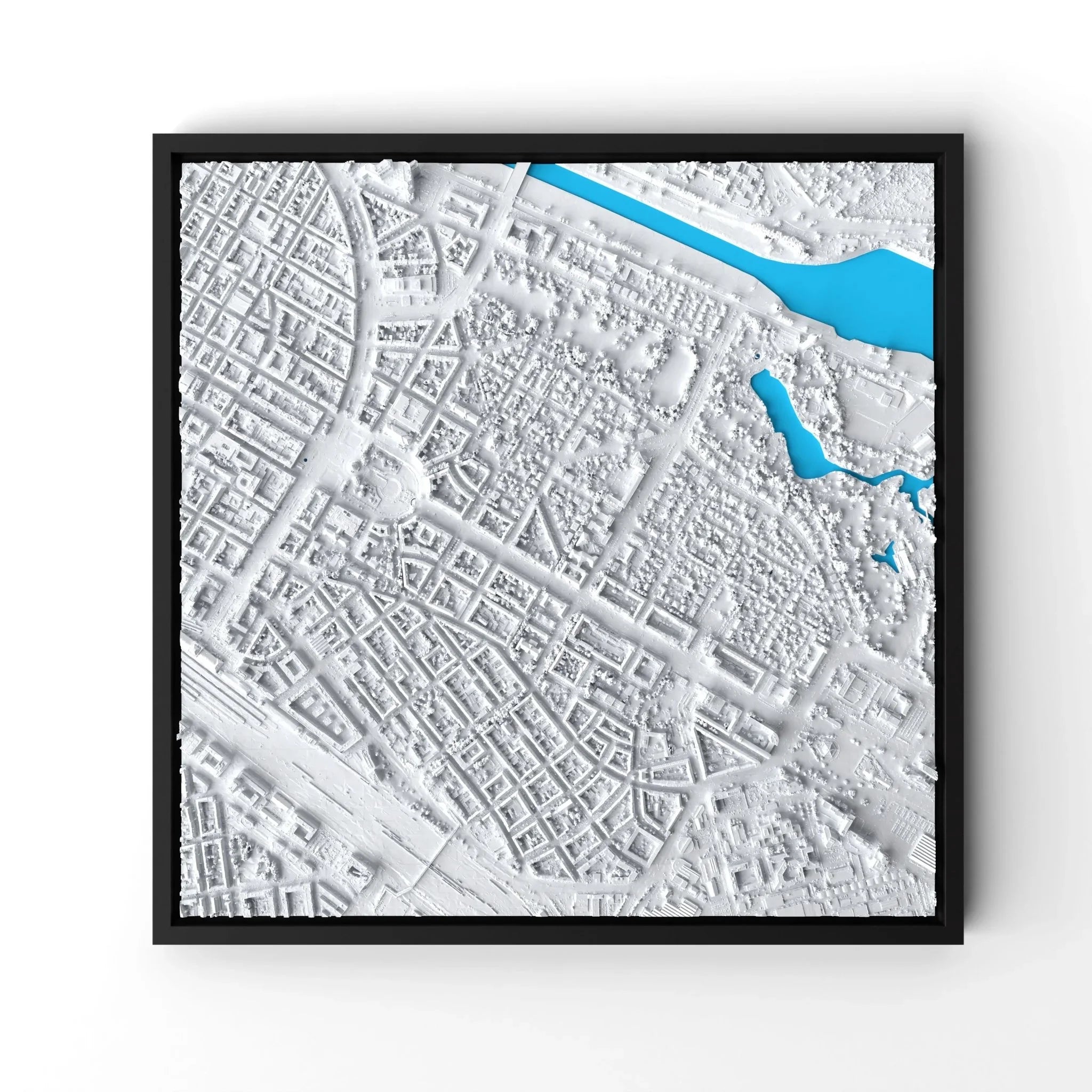 3D gedrucktes Stadtmodell Mannheim eingerahmt für deine Wand - CraftedCity