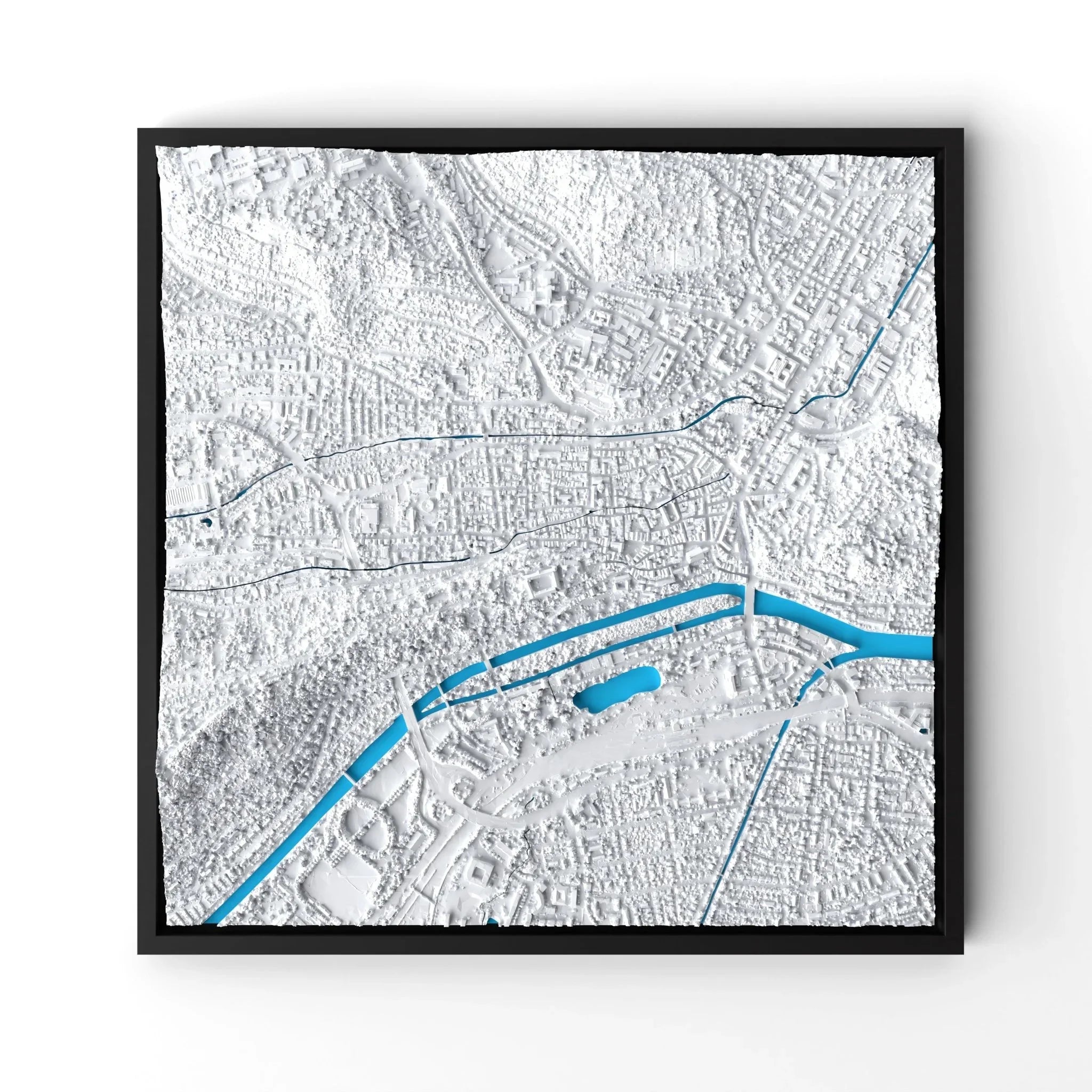 3D gedrucktes Stadtmodell Tübingen eingerahmt für deine Wand - CraftedCity