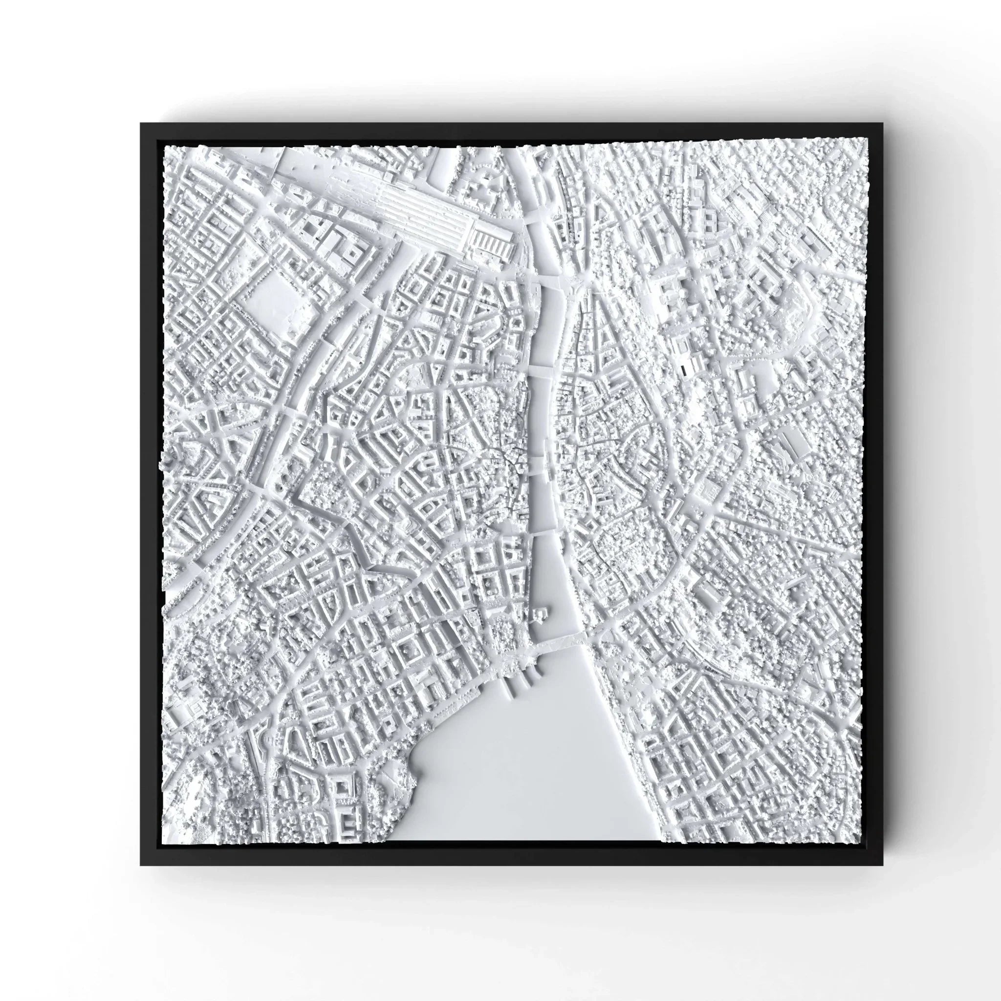 3D gedrucktes Stadtmodell Zürich eingerahmt für deine Wand - CraftedCity