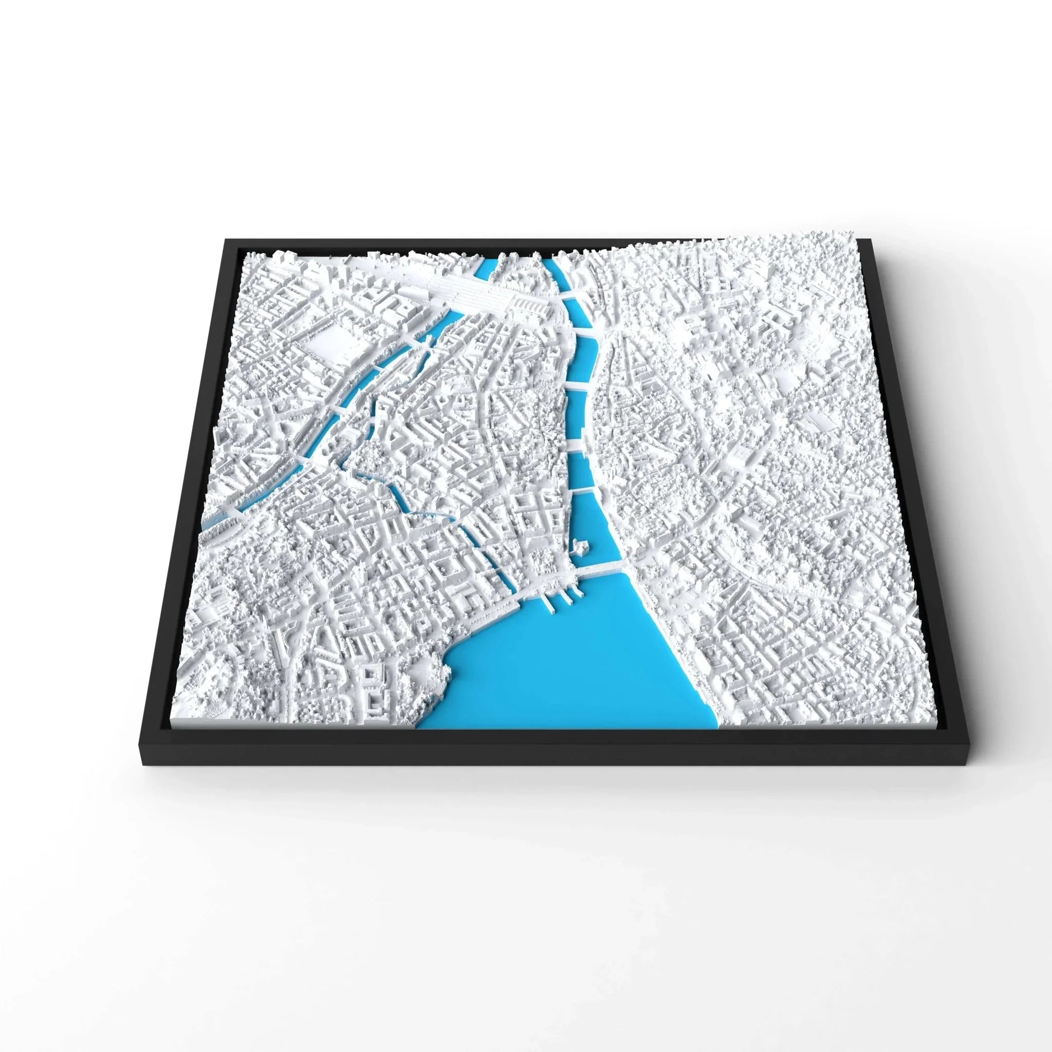 3D gedrucktes Stadtmodell Zürich eingerahmt für deine Wand - CraftedCity